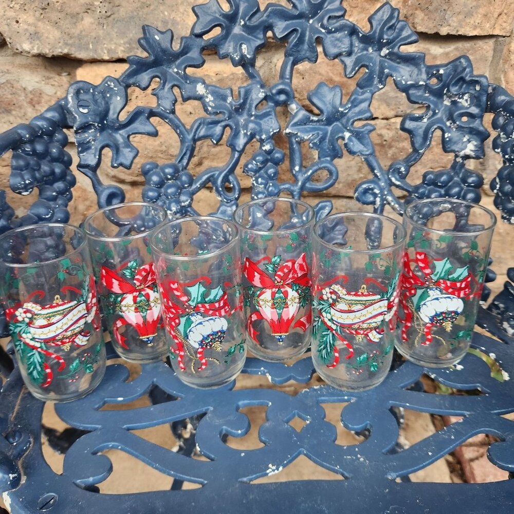 Set Of 6 Vintage House of Lloyd 1993 Tumbler Christmas Ornament Ribbon Drinkware